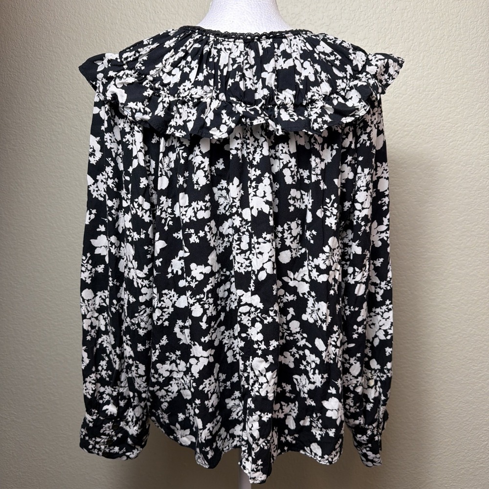 Zara Floral Ruffle Shirt Medium Womens Boho Flowy Pleated Balloon Sleeve Blouse - Picture 3 of 6